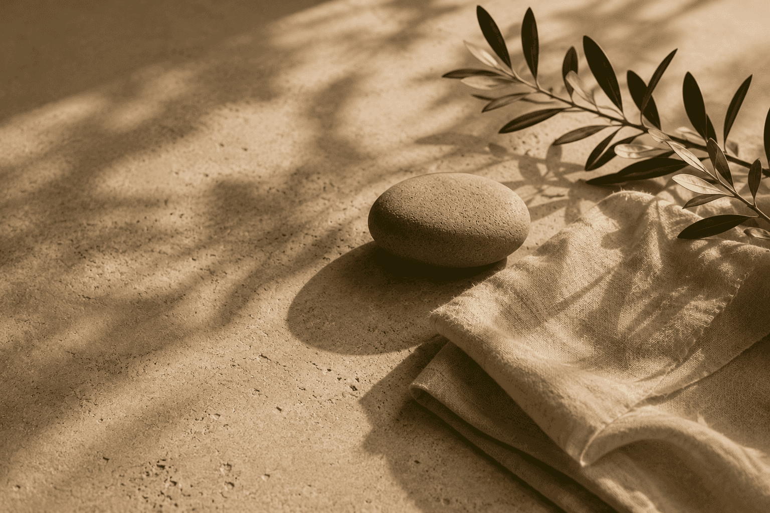 A smooth stone beside folded linen and an olive sprig, lit by low raking afternoon light.