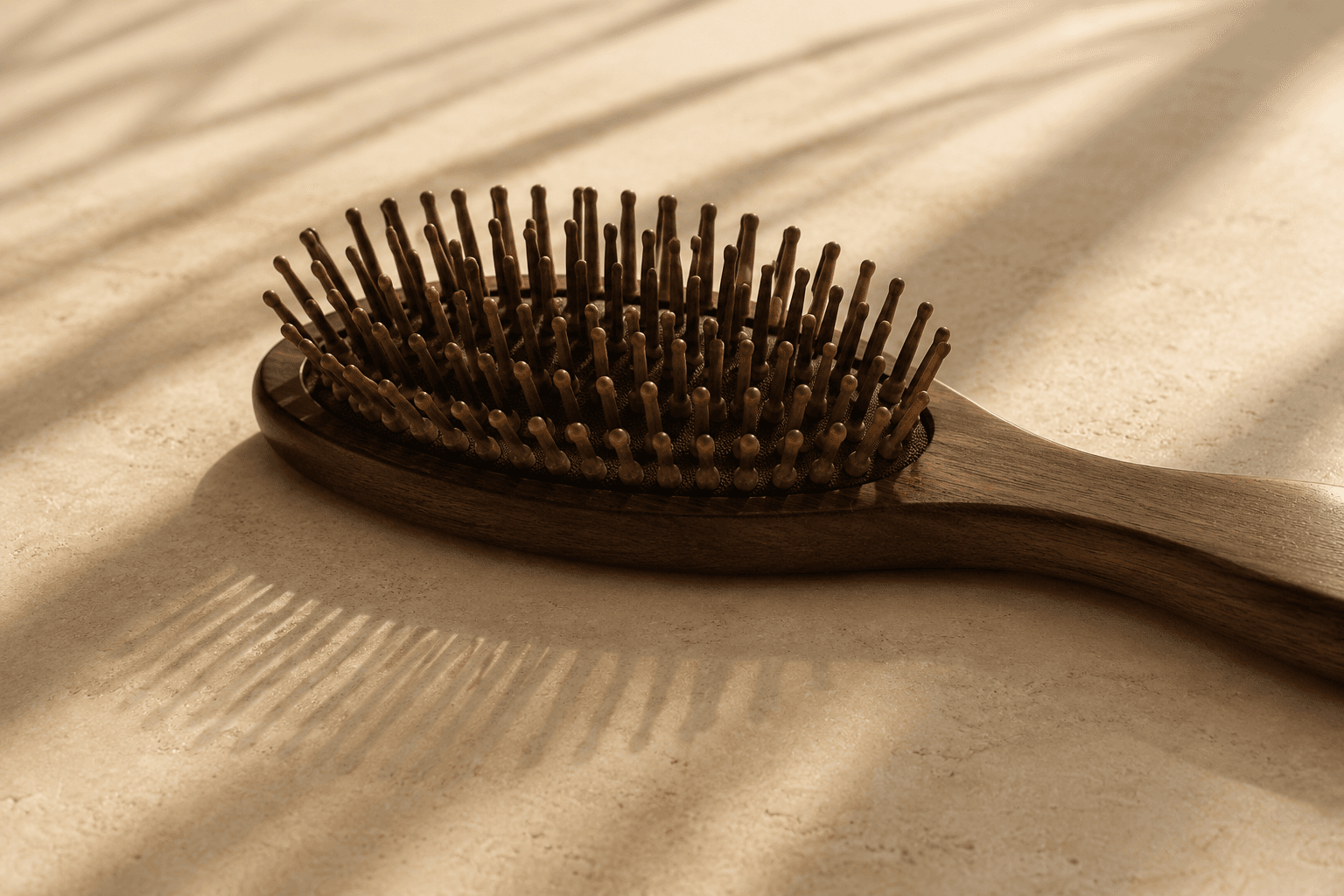 A wooden hairbrush with tapered pins resting on pale stone, its shadow falling in long parallel lines.