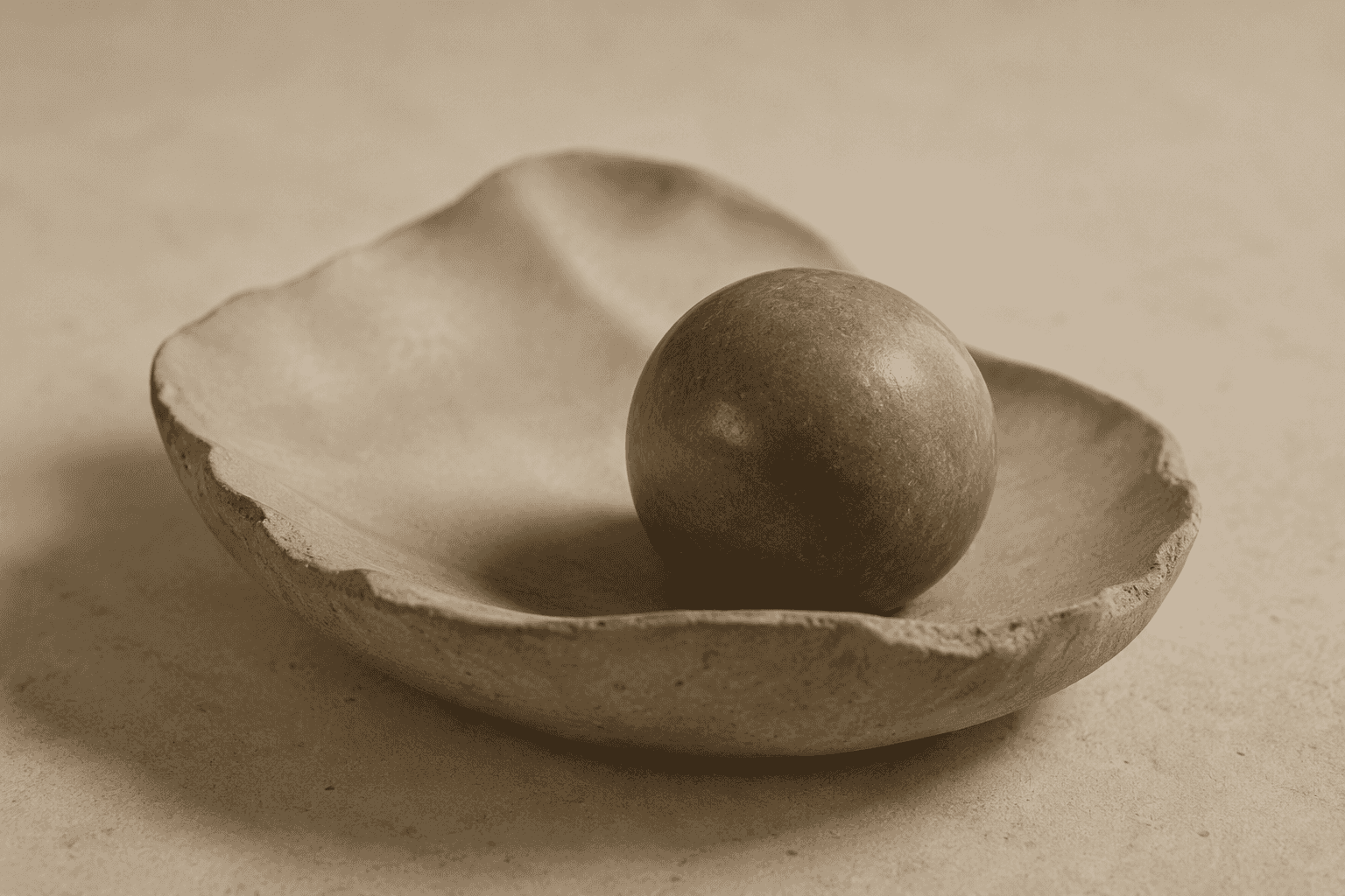 A shell-shaped stone dish cradling a single round stone, photographed against a plain warm background.