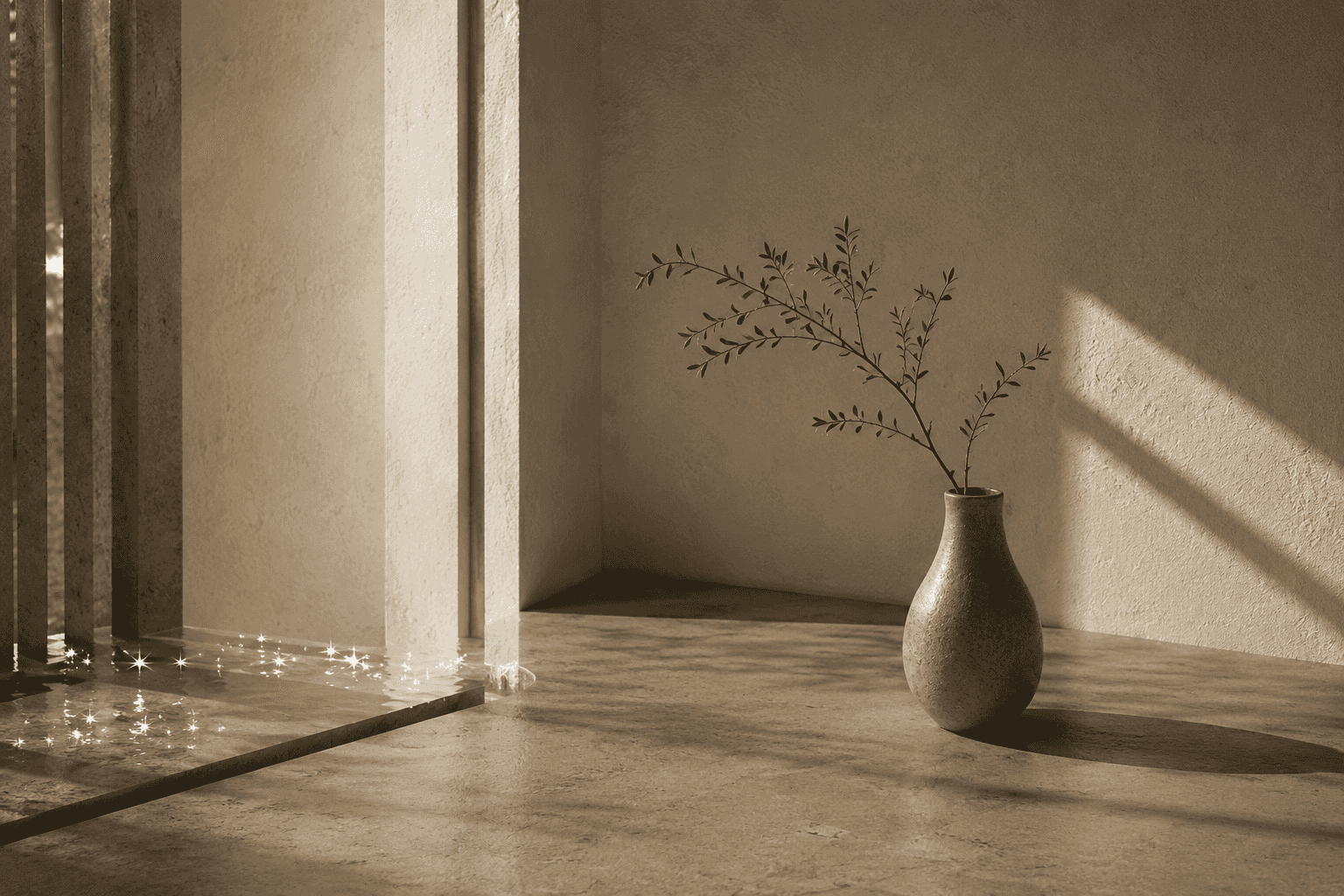 A single ceramic vase holding an olive branch, standing upright in a sunlit, quietly architectural room.
