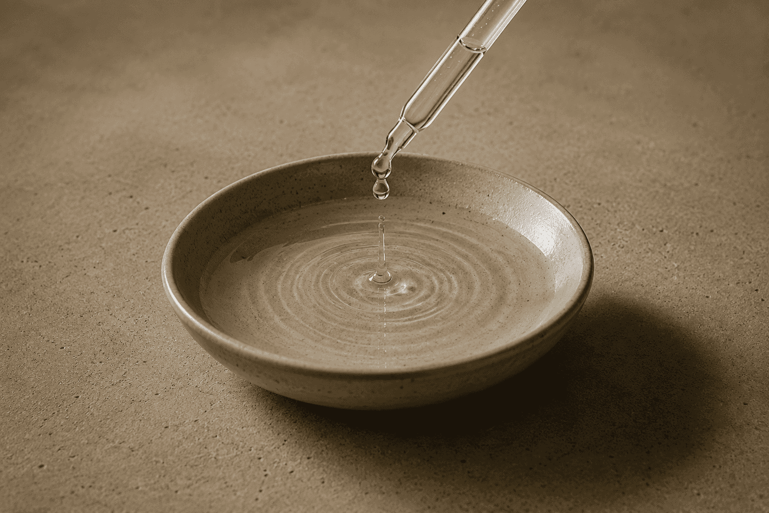 A glass dropper releasing a single droplet into a shallow stoneware bowl, sending out concentric ripples.