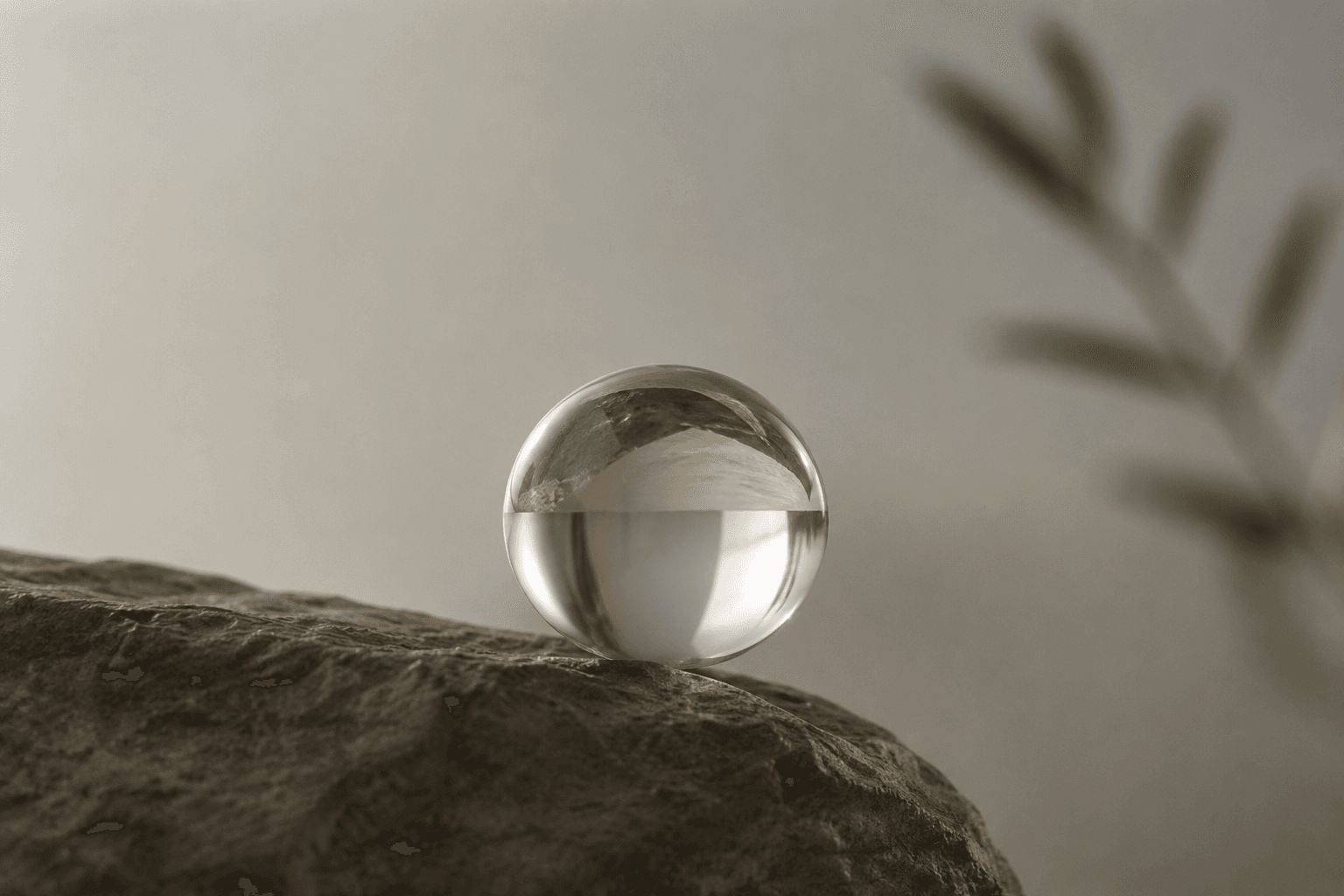 A clear glass sphere balanced on the edge of a rock, an olive branch soft-focused in the background.