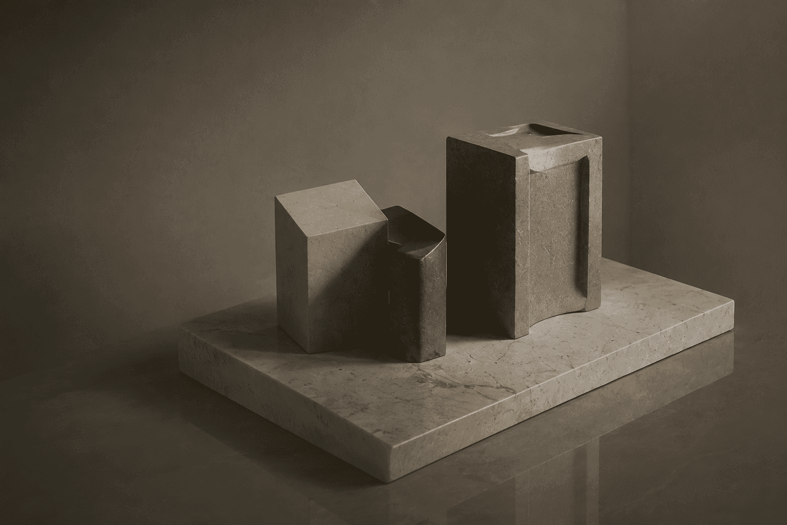 A small arrangement of stone and bronze blocks of varying heights on a marble slab, lit in dim, moody light.