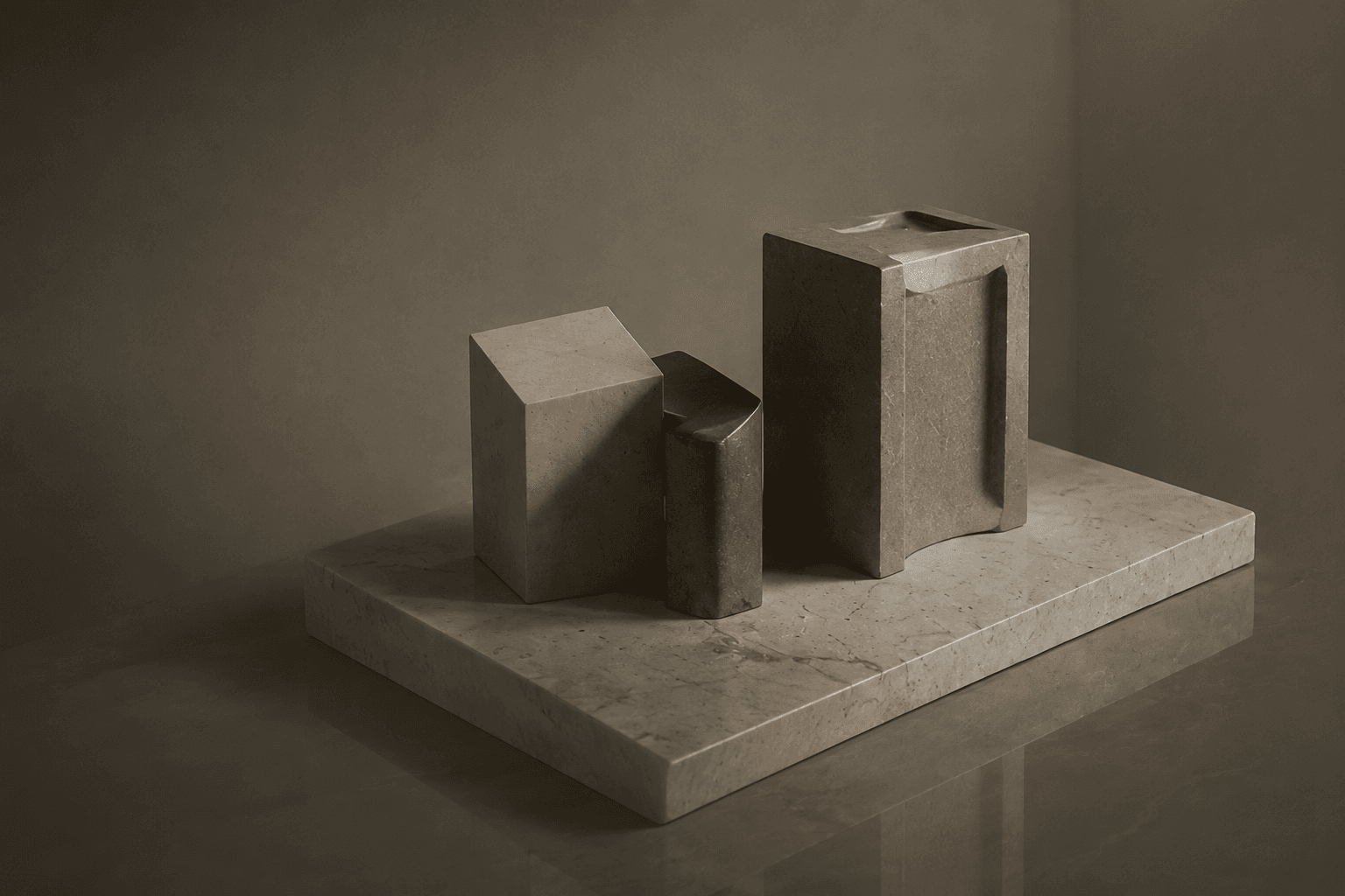 A small arrangement of stone and bronze blocks of varying heights on a marble slab, lit in dim, moody light.
