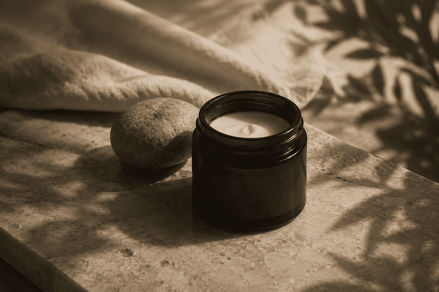 An open jar of cream beside a smooth stone and folded linen, photographed in warm afternoon light.