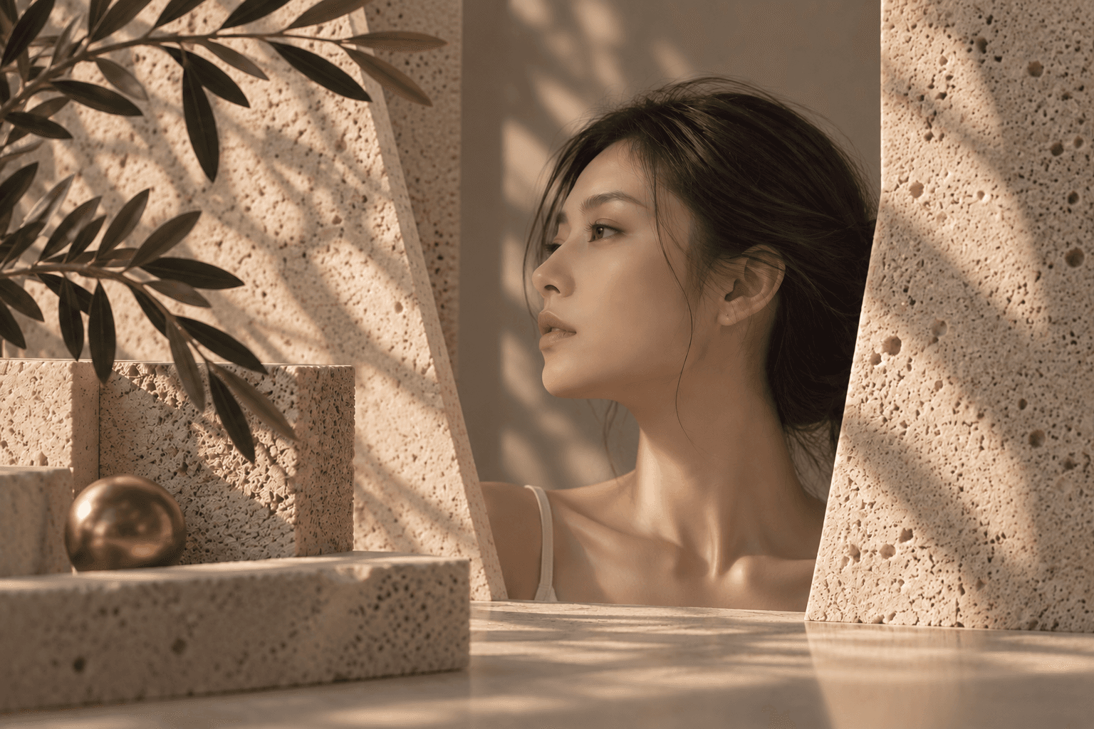 Asian woman in three-quarter profile between angled travertine blocks, beside an olive branch and a bronze sphere in warm, dappled light.
