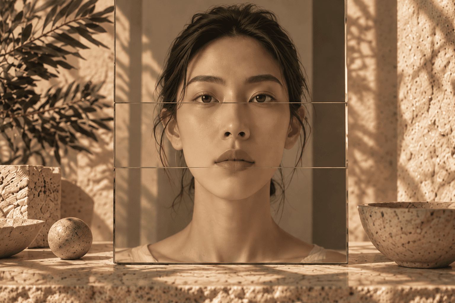 Asian woman seen face-on through three stacked glass panels, beside stone vessels, a stone sphere and an olive branch in warm, dappled light.